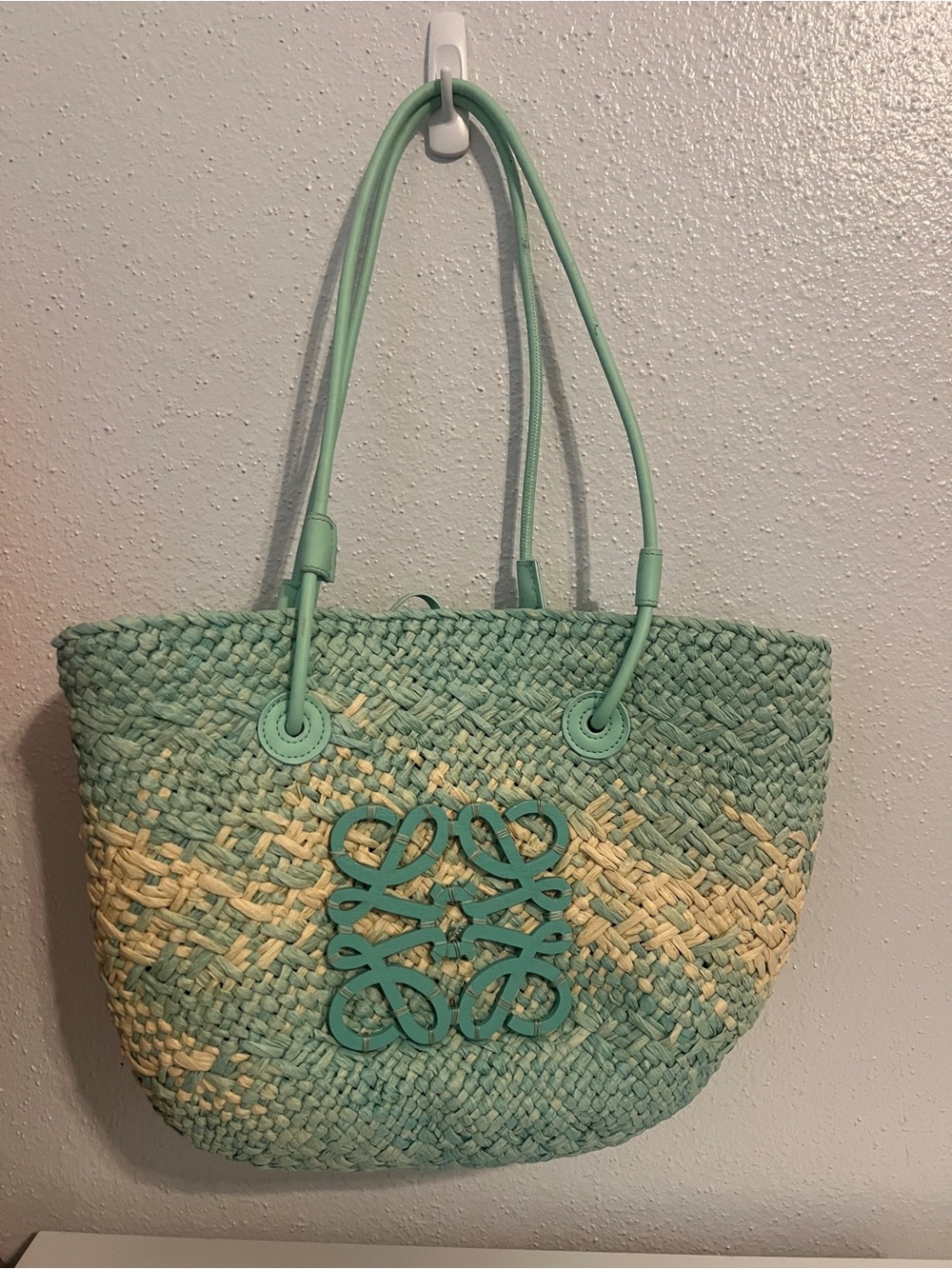 Woven Mint & Natural Straw Tote Bag